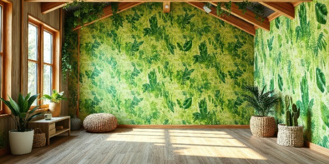 Recycled insulation and flooring solutions made from green building materials in a modern eco-friendly home interior