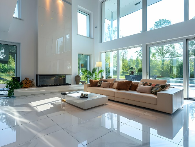Modern-Living Room with Large White Tile Floor
