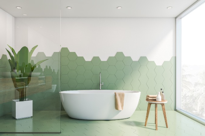 Green-and-white-porcelain-tile-bathroom Green-and-white-porcelain-tile-bathroom