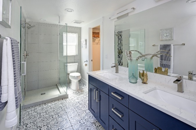Modern bathroom with decorative tile flooring
