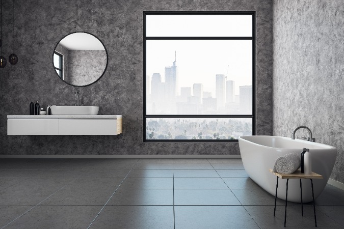 contemporary bathroom with tile flooring