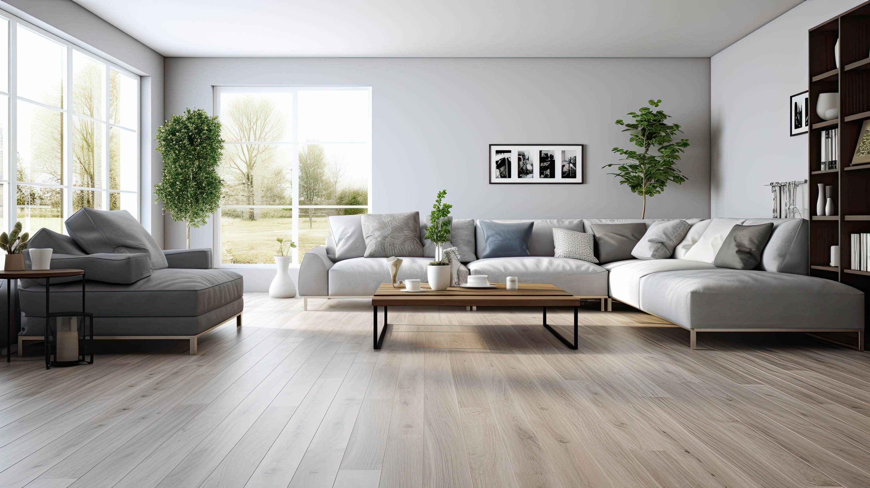 living room with gray wood grain flooring