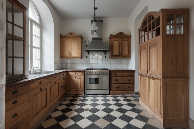 Luxury kitchen in classic style with wooden cabinets and black tile floor