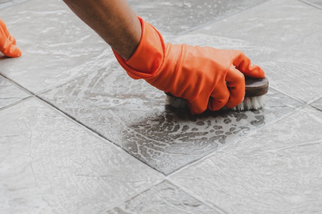cleaning a tile floor