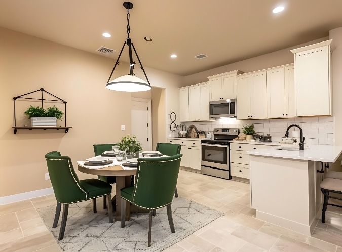 farmhouse kitchen with beige tile floor
