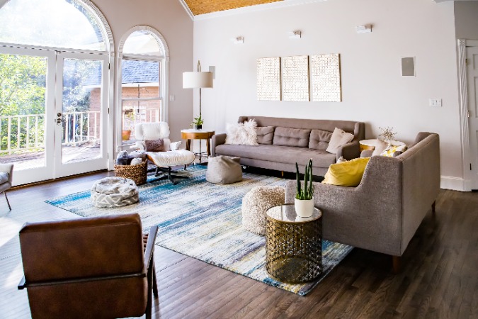 Mid-century modern contemporary style living room den in a spacious open home